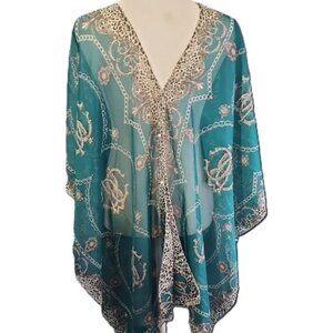 Teal and White Floral Sheer Wrap With Pearl Buttons - One Size